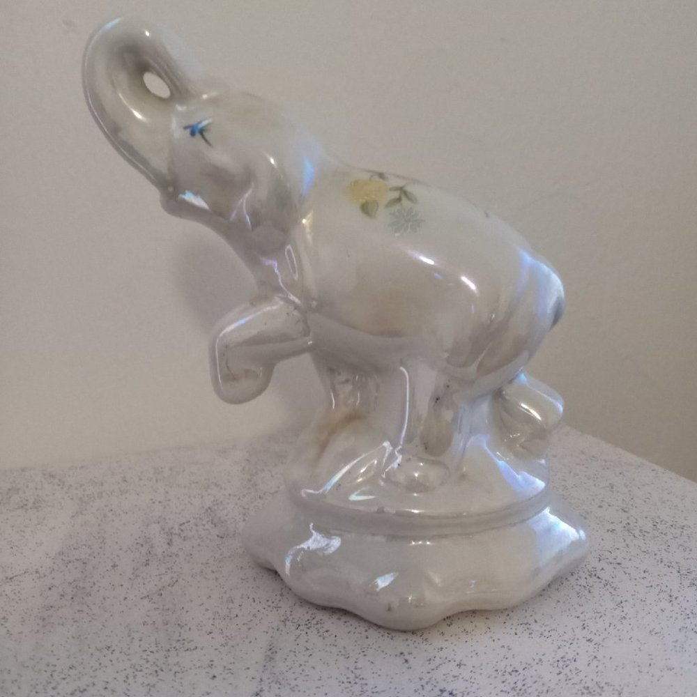 Vintage Mid-Century White Iridescent Porcelain Elephant Figurine